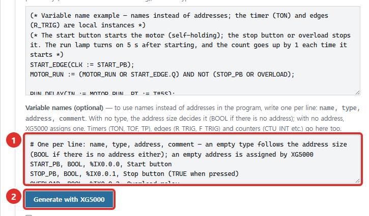 ST with the Variable names box underneath