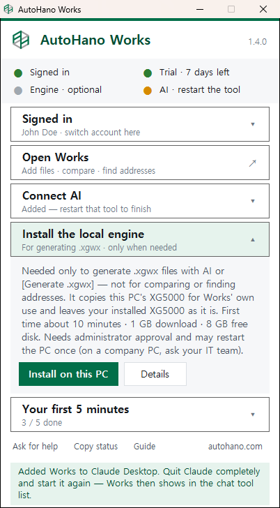 Install the local engine in the launcher window