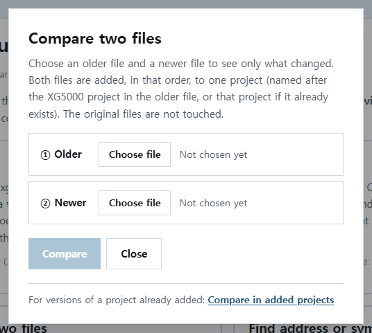 The Compare two files window — choosing the older and newer files