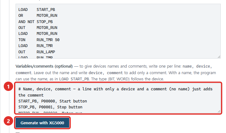 The Variables/comments box — name, device, comment