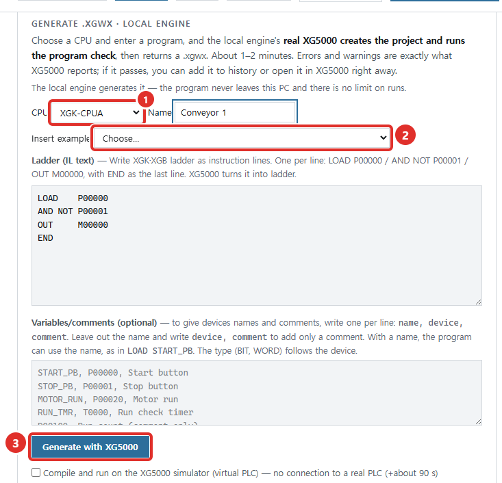 Generate .xgwx — CPU, example and the generate button