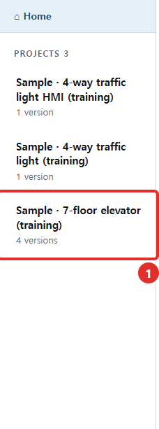 Clicking Sample · 7-floor elevator in the project list on the left