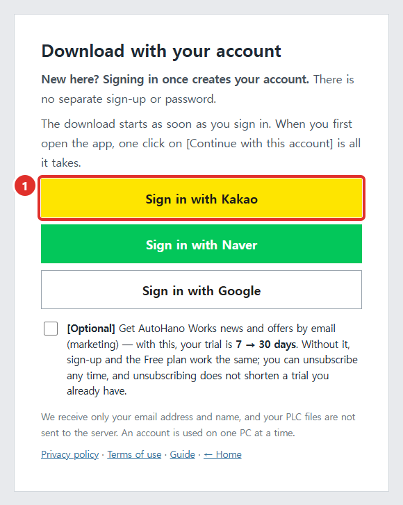 Sign in with Google, Kakao or Naver buttons